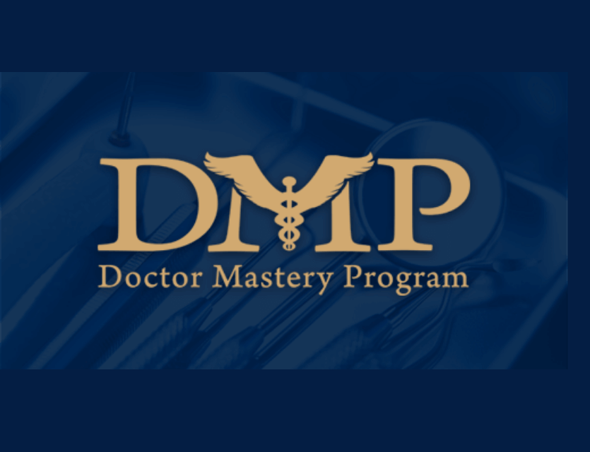 Doctor master program logo with stylized gold letters DMP against a faded blue background