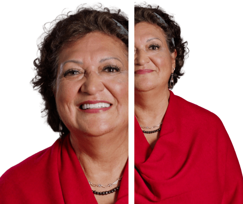 Two-panel image of an smiling older female dentist with short dark hair wearing a red shawl