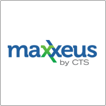 maxxeus logo spelled out in blue letters with one green x