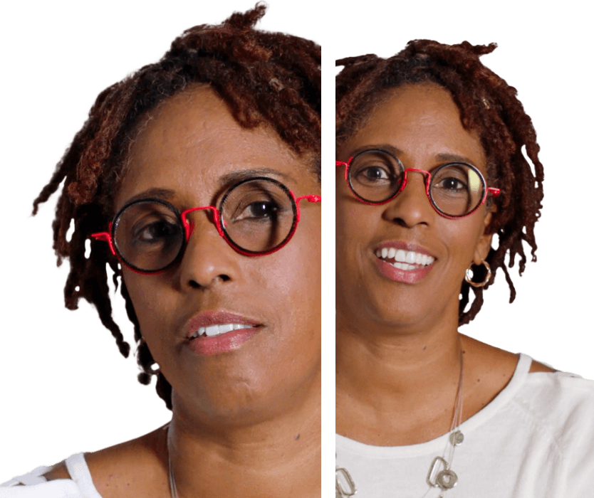 Two headshots of doctor a black female dentist wearing red glasses