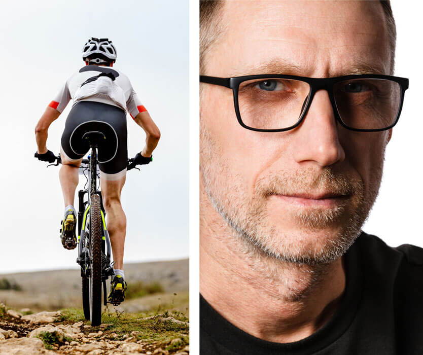 Two pictures of a confident middle-aged male dentist. Left image he rides a dirtbike. Right image he stands wearing a dark t-shirt and glasses..