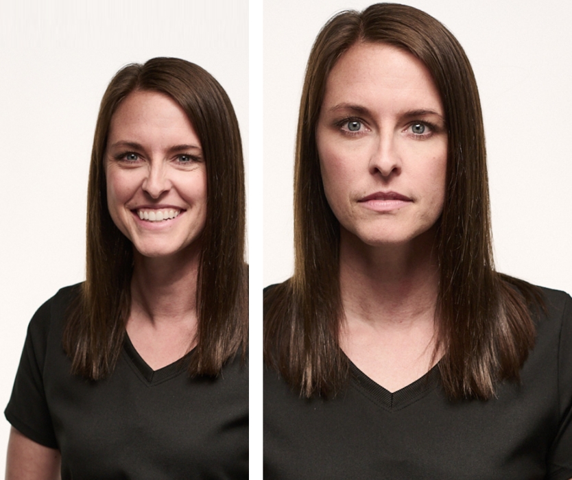 Two profile shots of a young brunette hygienist wearing dark medical scrubs