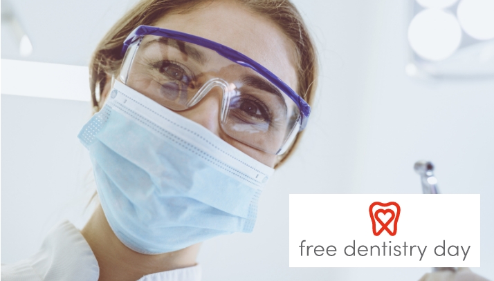 Female Dentist wearing mask with free dentistry day logo